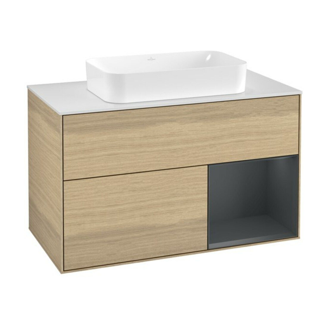 V&B Waschtischunterschrank Abdeckplatte wh. m Finion 100x60,3cm, Reg re md bl. m Lac, Oa ven