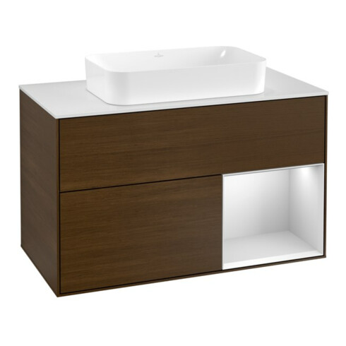 V&B Waschtischunterschrank Abdeckplatte wh. m Finion 100x60,3cm, Reg re wh. m Lac, wal veneer