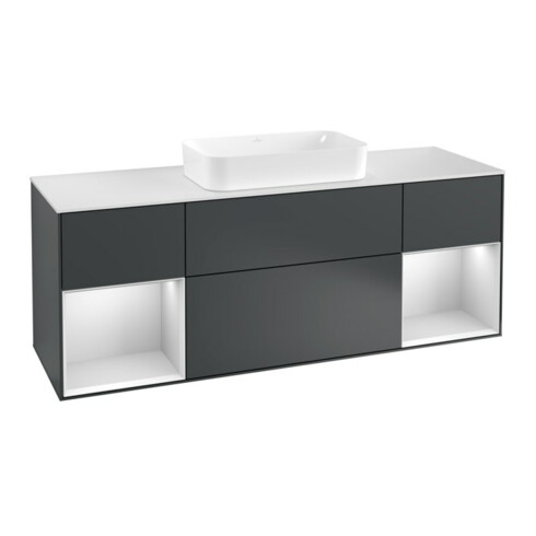 V&B Waschtischunterschrank Abdeckplatte wh. m Finion 160x60cm, Reg wh. m Lac, md bl. m Lac