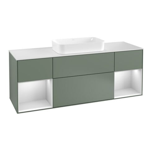 V&B Waschtischunterschrank Abdeckplatte wh. m Finion 160x60cm, Reg wh. m Lac, Oli. m Lacquer