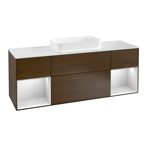 V&B Waschtischunterschrank Abdeckplatte wh. m Finion 160x60cm, Reg wh. m Lac, Walnut veneer