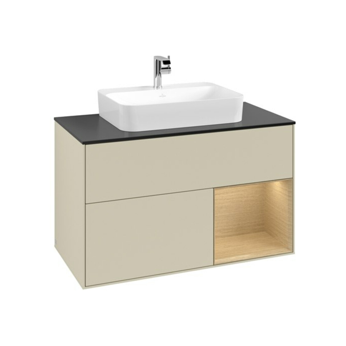 V&B Waschtischunterschrank Finion 100, Pl b m, Reg re Oa ven, si Gr m Lac