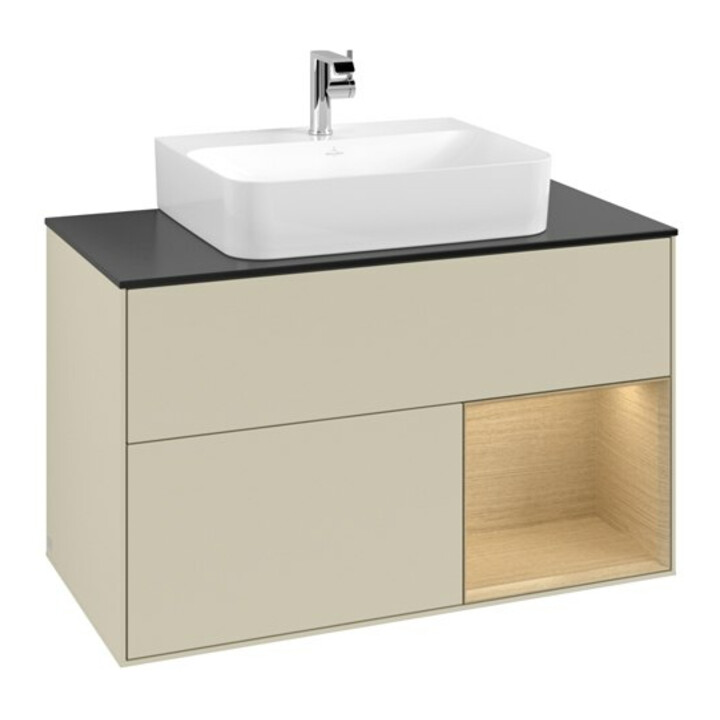 V&B Waschtischunterschrank Finion 100, Pl b m, Reg re Oa ven, si Gr m Lac