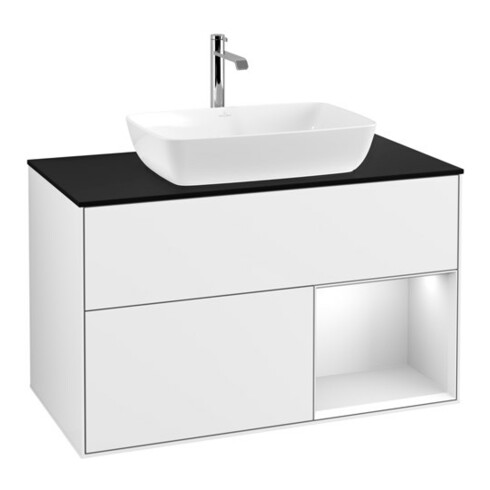 V&B Waschtischunterschrank Finion 100, Pl b m, Reg wh. m Lac, glo wh. Lac