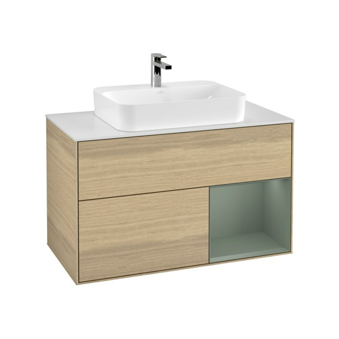 V&B Waschtischunterschrank Finion 100, Pl wh. m, Reg re Oli. m Lac, Oa ven