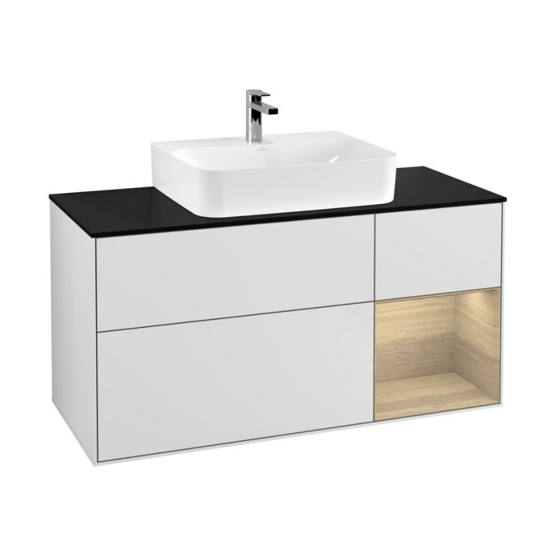 V&B Waschtischunterschrank Finion 120cm, Pl b m, Reg re Oa ven, wh. m Lac