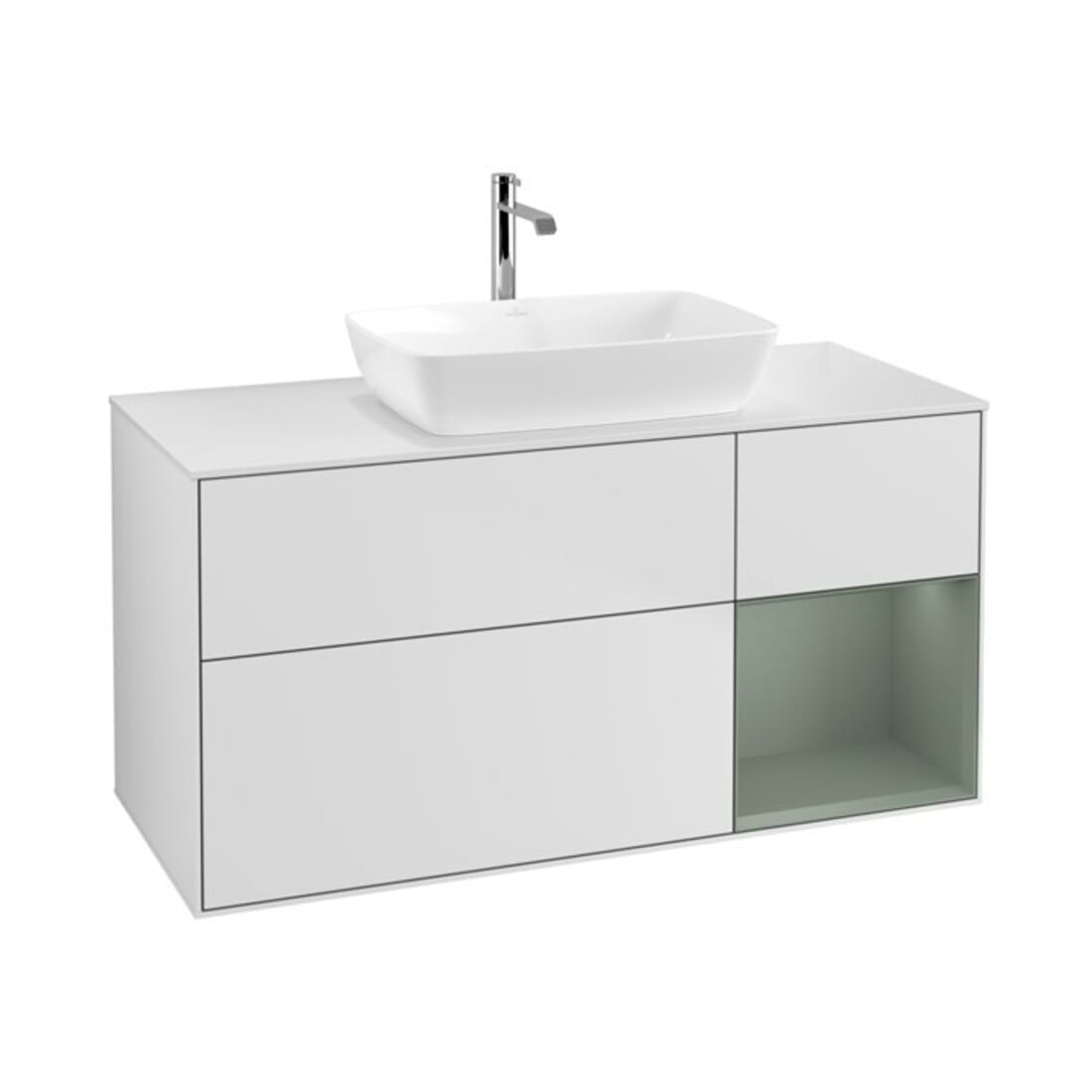 V&B Waschtischunterschrank Finion 120cm, Pl w m, Reg Oli. m Lac, wh. m Lac