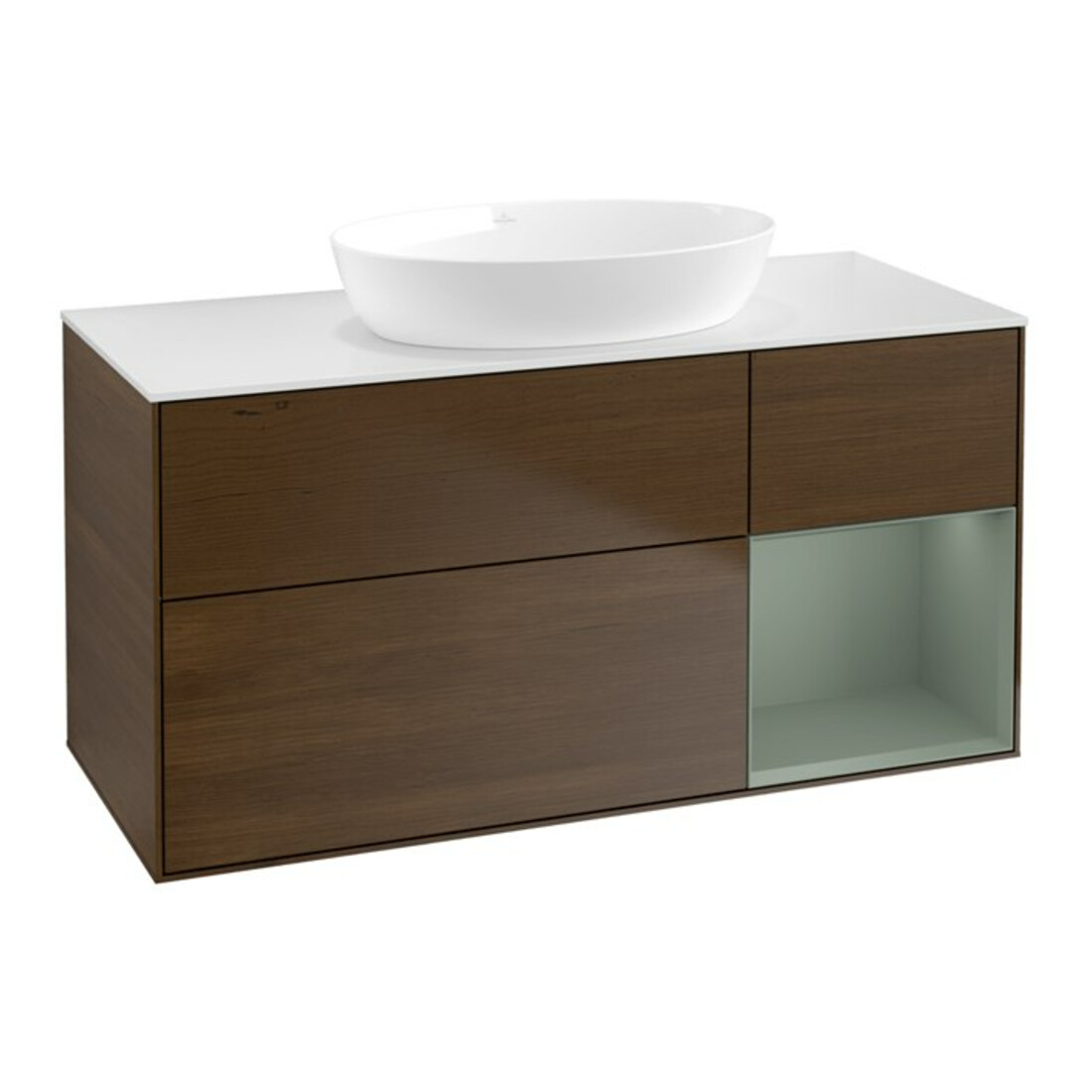 V&B Waschtischunterschrank Finion 120cm, Pl wh. m, Reg Oli. m Lac, wal ven