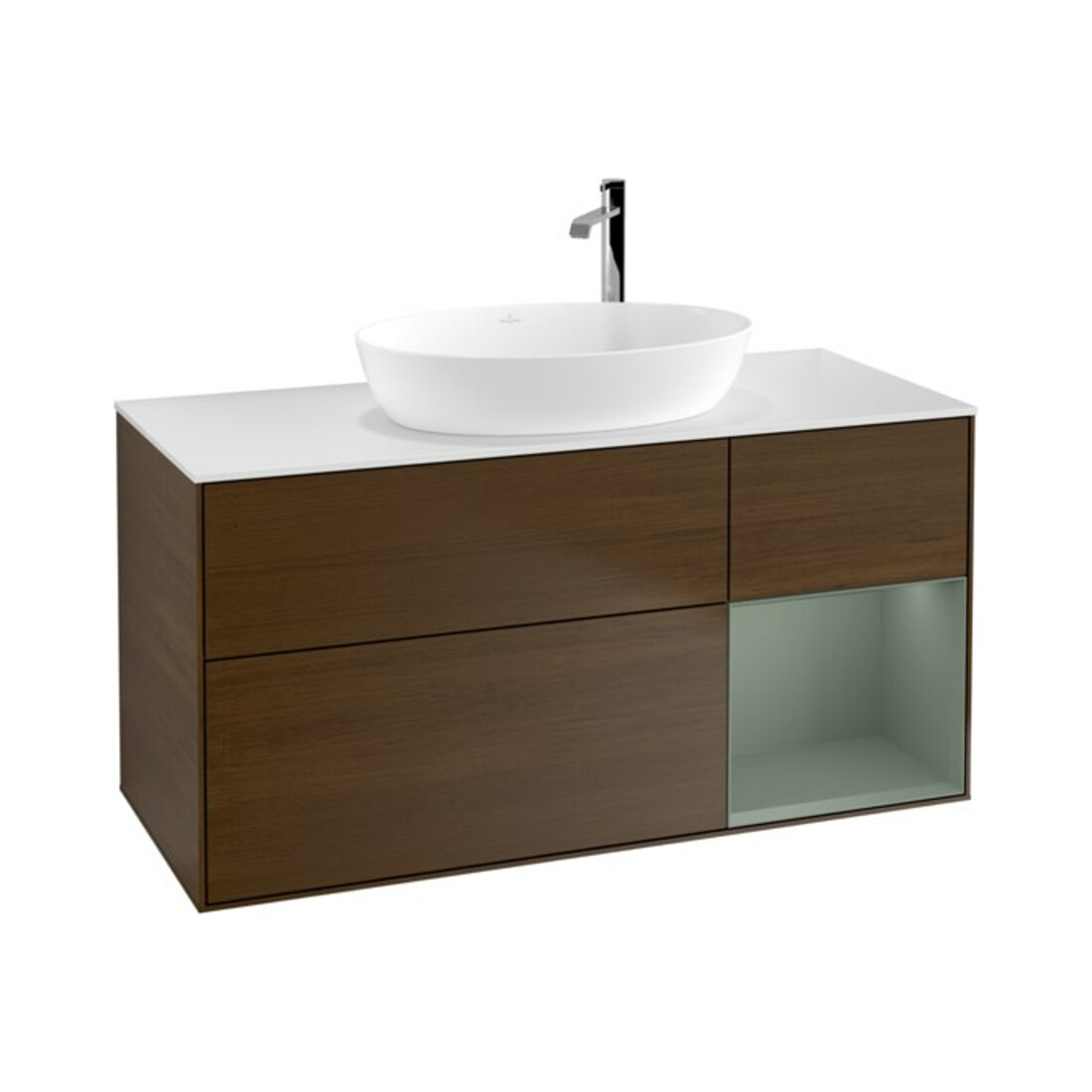 V&B Waschtischunterschrank Finion 120cm, Pl wh. m, Reg Oli. m Lac, wal ven