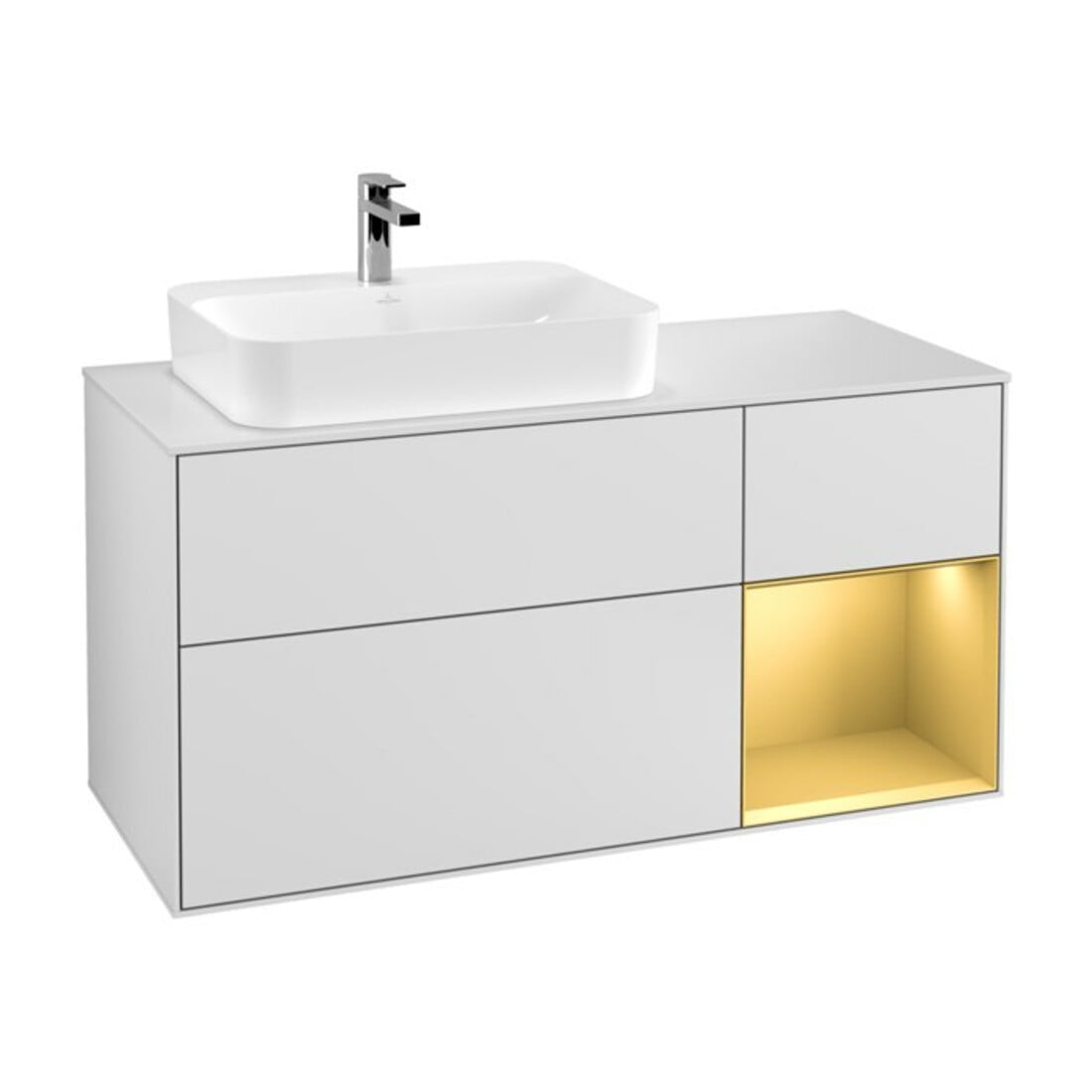 V&B Waschtischunterschrank Finion 120cm, Pl wh. m, Reg re gol m, wh. m Lac
