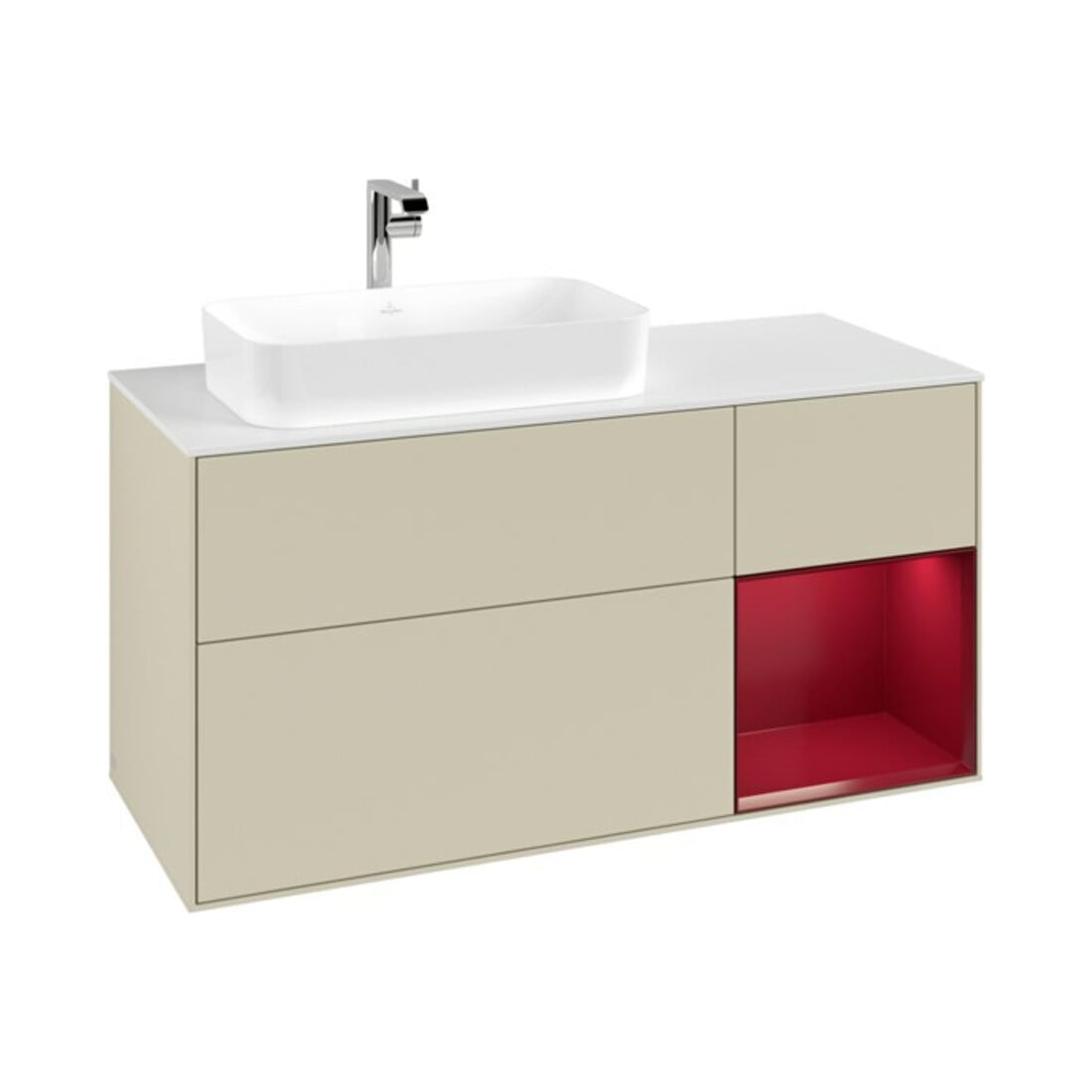 V&B Waschtischunterschrank Finion 120cm, Pl wh. m, Reg re Peo, si Gr m Lac