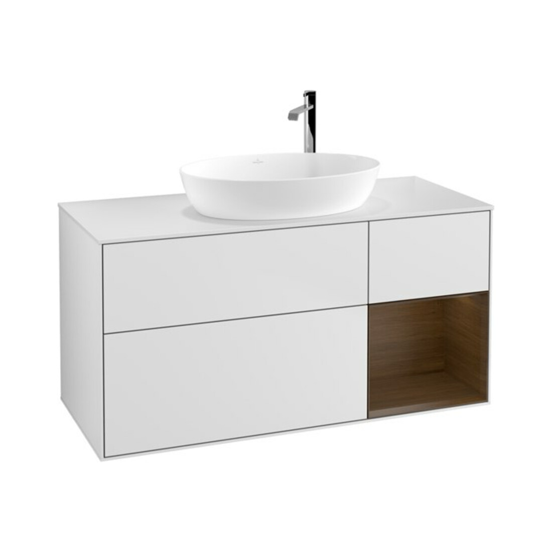 V&B Waschtischunterschrank Finion 120cm, Pl wh. m, Reg wal ven, wh. m Lac