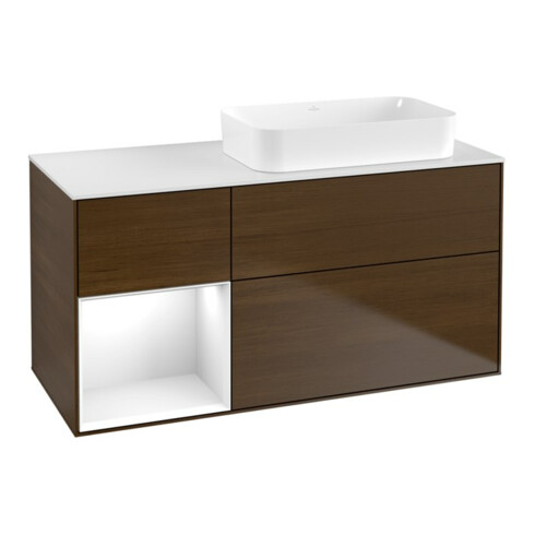 V&B Waschtischunterschrank Finion 120x60 cm, Reg li glo wh. Lac, wal ven