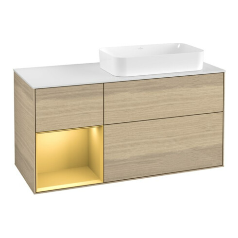 V&B Waschtischunterschrank Finion 120x60 cm, Reg li Gold matt, Oak Veneer