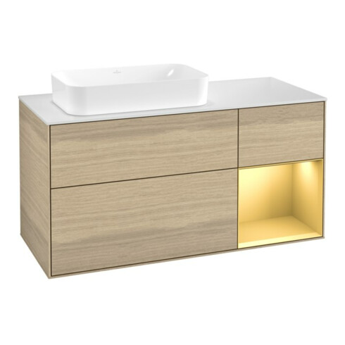 V&B Waschtischunterschrank Finion 120x60 cm, Reg re Gold matt, Oak Veneer