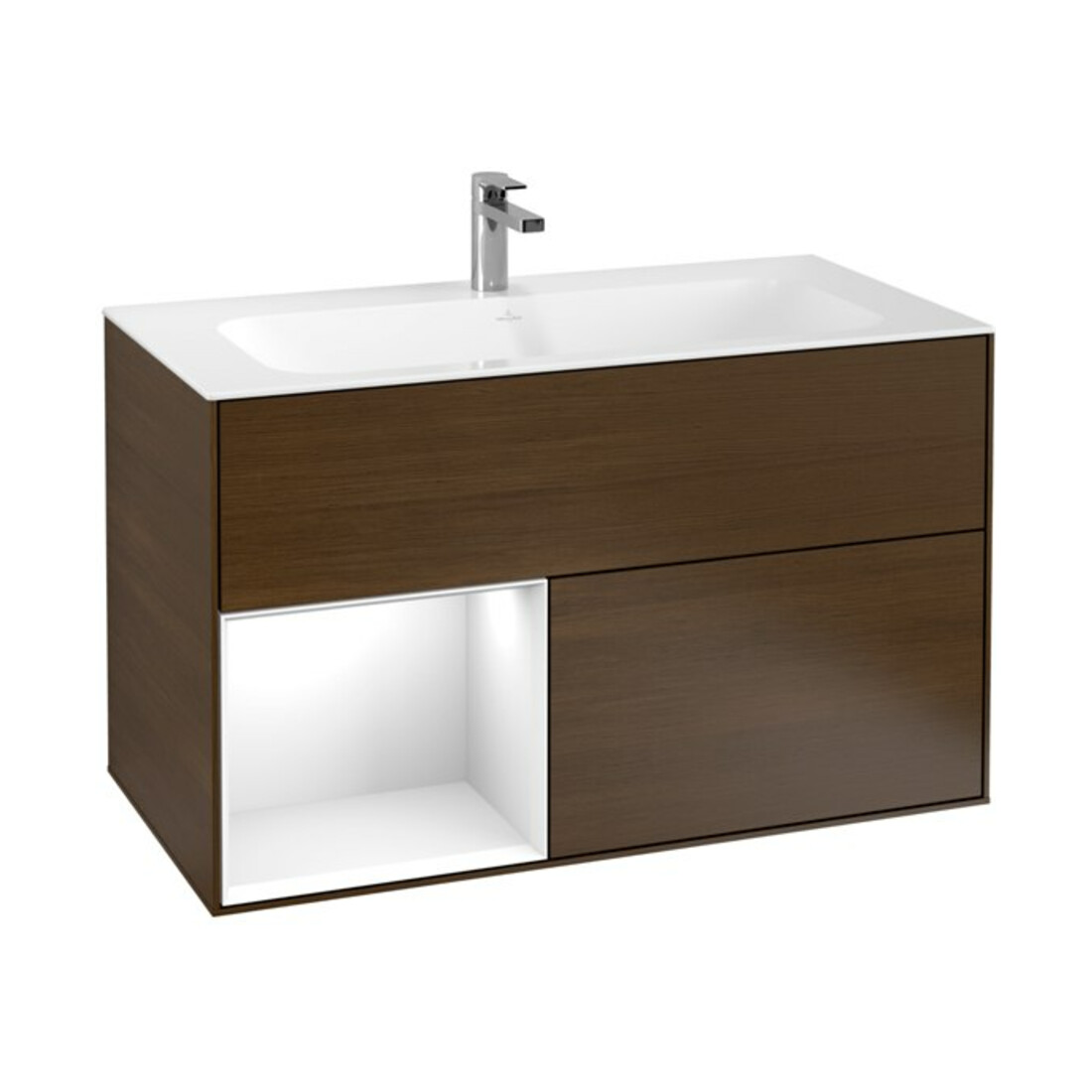 V&B Waschtischunterschrank Finion Reg li glo white lacquer, Walnut veneer