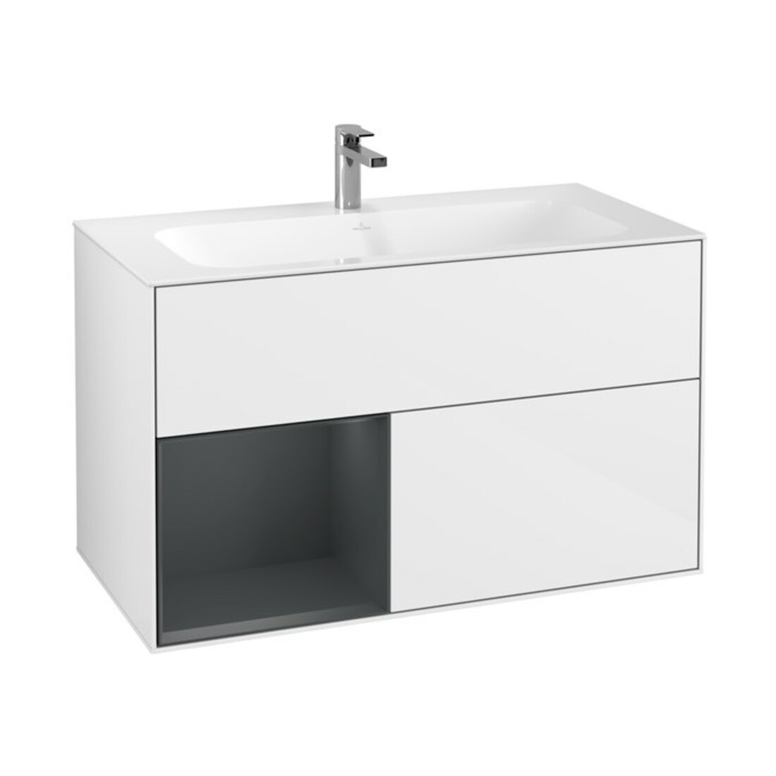 V&B Waschtischunterschrank Finion Reg li md bl. m Lac, glo white lacquer