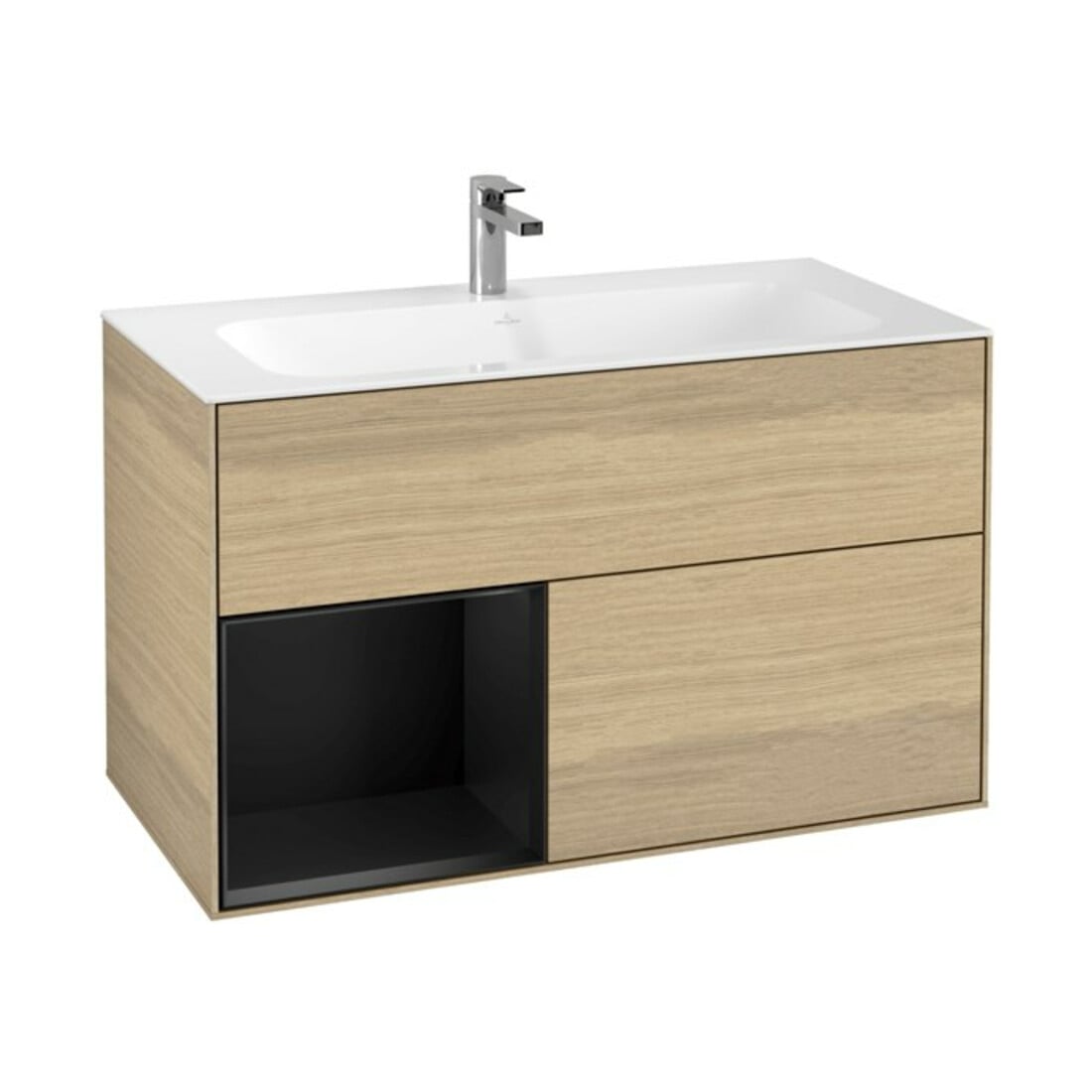 V&B Waschtischunterschrank Finion Reg links Black matt lacquer, Oak Veneer