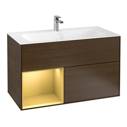 V&B Waschtischunterschrank Finion Regal links Gold matt, Walnut veneer