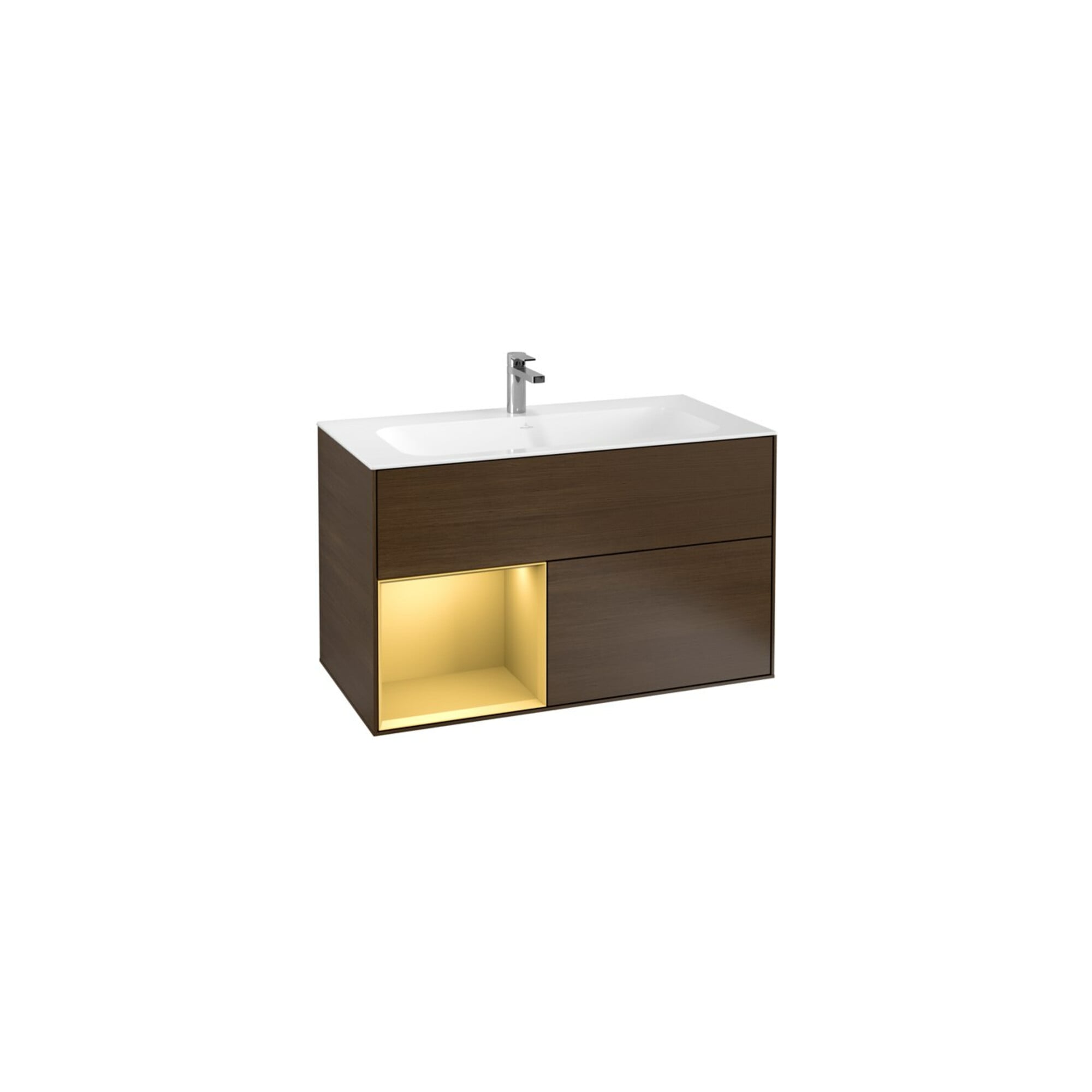 V&B Waschtischunterschrank Finion Regal links Gold matt, Walnut veneer ; Villeroy & Boch
