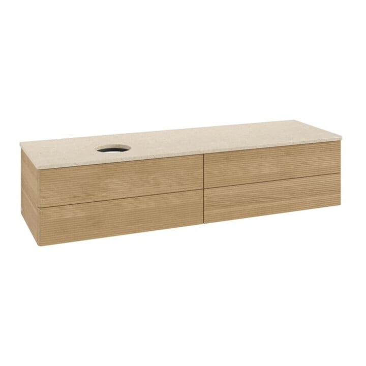V&B Waschtischunterschrank mit Frontstruktur -Beleuchtung Antao 160x50cm, WBP-farbe botticino, honey oak