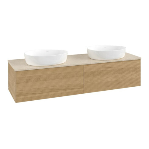V&B Waschtischunterschrank mit Frontstruktur -Beleuchtung Antao 160x50cm, WBP-farbe botticino, honey oak