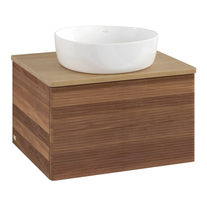 V&B Waschtischunterschrank mit Frontstruktur -Beleuchtung Antao 60x36x50cm, WBP-farbe hon. Oa, w. walnut