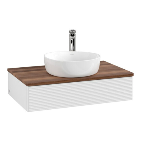 V&B Waschtischunterschrank mit Frontstruktur -Beleuchtung Antao 80x19x50cm, HL, WBP w. wal, glo wh. Lac