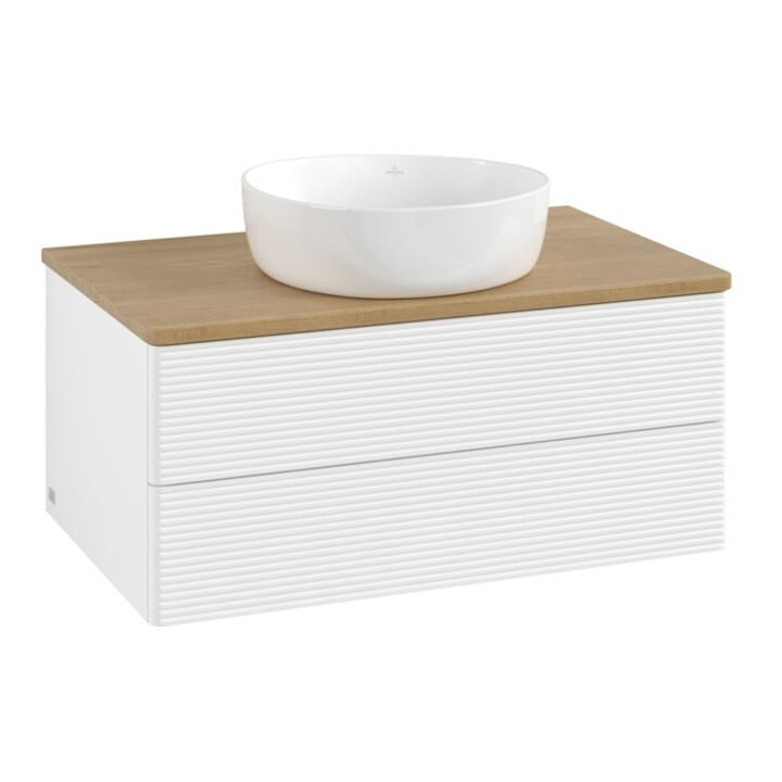 V&B Waschtischunterschrank mit Frontstruktur -Beleuchtung Antao 80x36x50cm, WBP-farbe hon. Oa, wh. m Lac