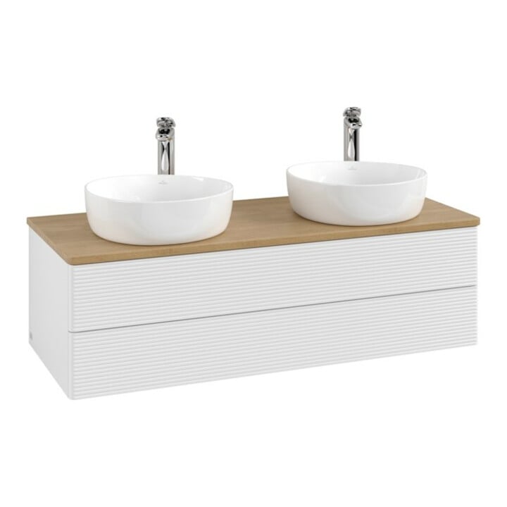 V&B Waschtischunterschrank mit Frontstruktur, mit Beleuchtung Antao 120x36x50cm, HL, WBP hon. Oa, g wh. Lac