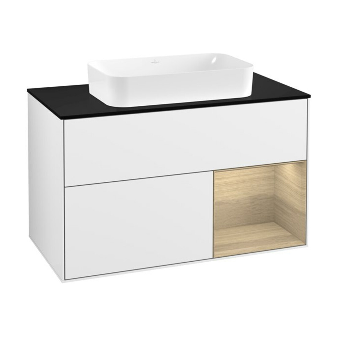 V&B Waschtischunterschrank Wandbeleuchtung Finion 100, Pl b m, Reg re Oa ven, glo wh. Lac