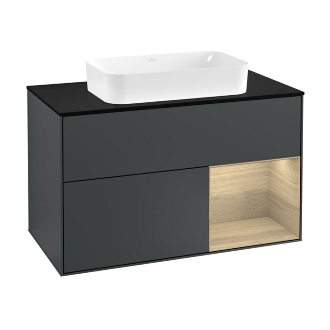 V&B Waschtischunterschrank Wandbeleuchtung Finion 100, Pl b m, Reg re Oa ven, md bl. m Lac