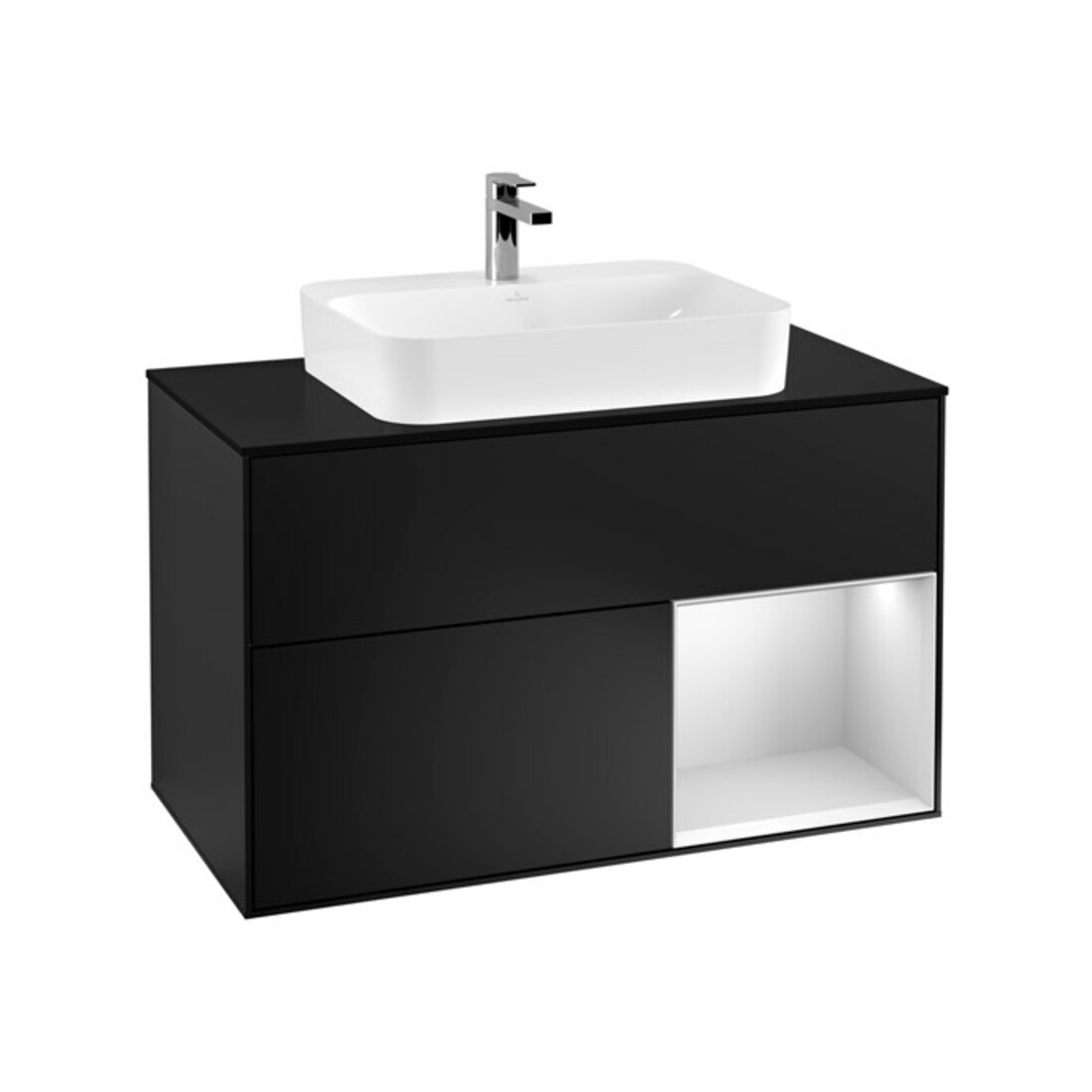 V&B Waschtischunterschrank Wandbeleuchtung Finion 100, Pl b m, Reg re wh. m Lac, bla m Lac
