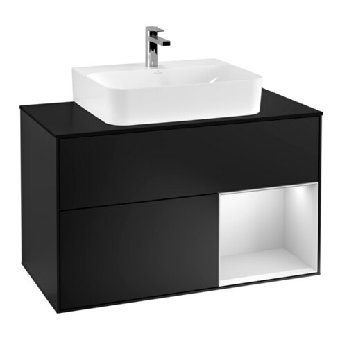 V&B Waschtischunterschrank Wandbeleuchtung Finion 100, Pl b m, Reg re wh. m Lac, bla m Lac