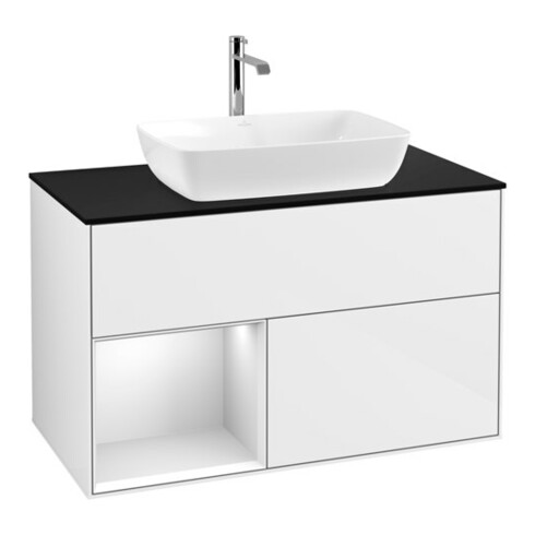 V&B Waschtischunterschrank Wandbeleuchtung Finion 100, Pl b m, Reg wh. m Lac, glo wh. Lac