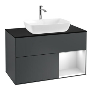 V&B Waschtischunterschrank Wandbeleuchtung Finion 100, Pl b m, Reg wh. m Lac, md bl. m Lac