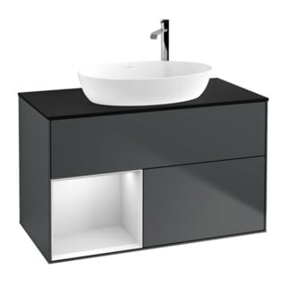 V&B Waschtischunterschrank Wandbeleuchtung Finion 100, Pl b m, Reg wh. m Lac, md bl. m Lac