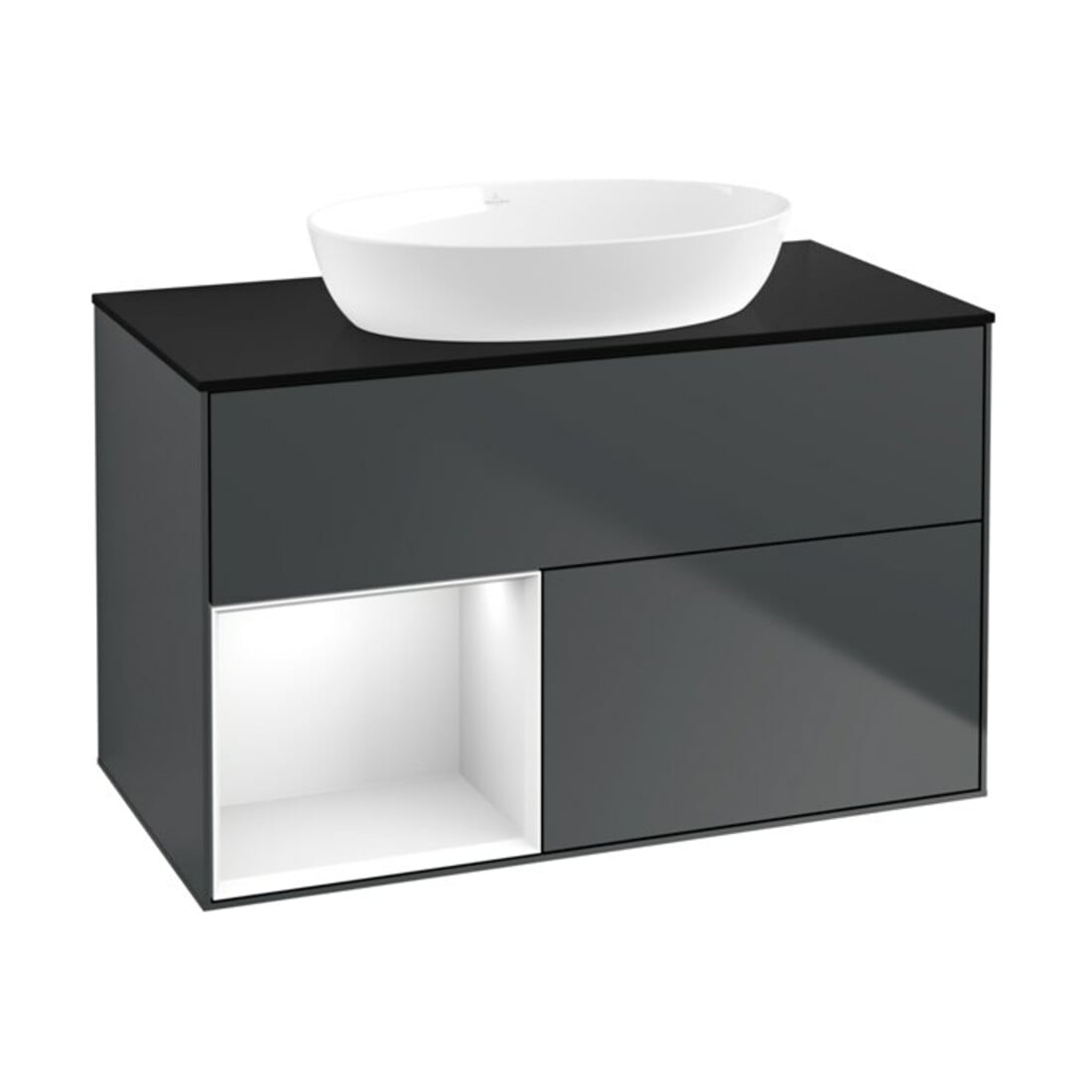 V&B Waschtischunterschrank Wandbeleuchtung Finion 100, Pl b m, Rg g wh. Lac, md bl. m Lac