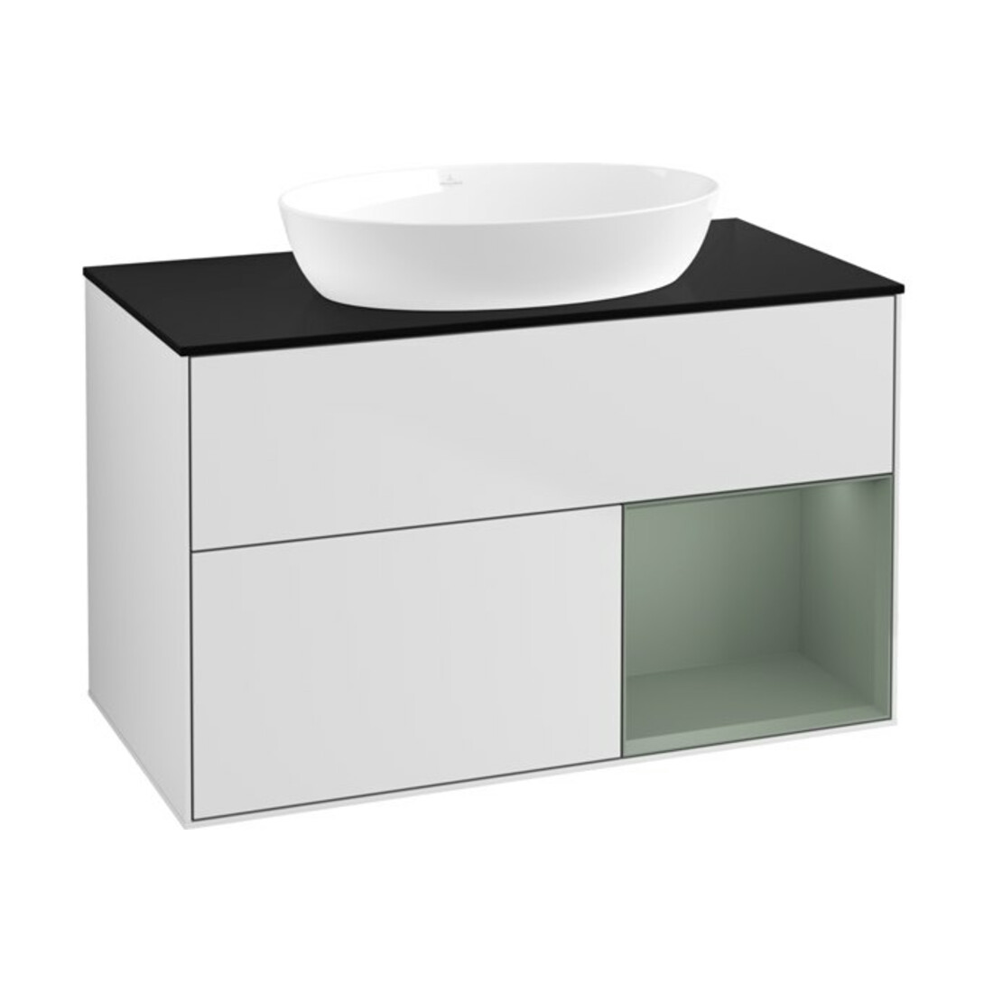 V&B Waschtischunterschrank Wandbeleuchtung Finion 100, Pl bla m, Reg Oli. m Lac, wh. m Lac