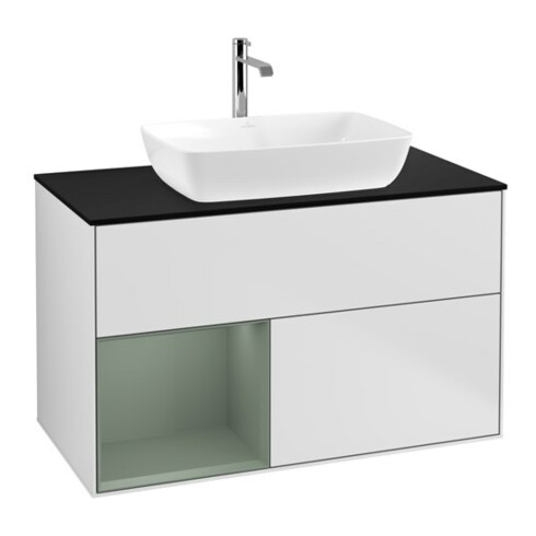 V&B Waschtischunterschrank Wandbeleuchtung Finion 100, Pl bla m, Reg Oli. m Lac, wh. m Lac