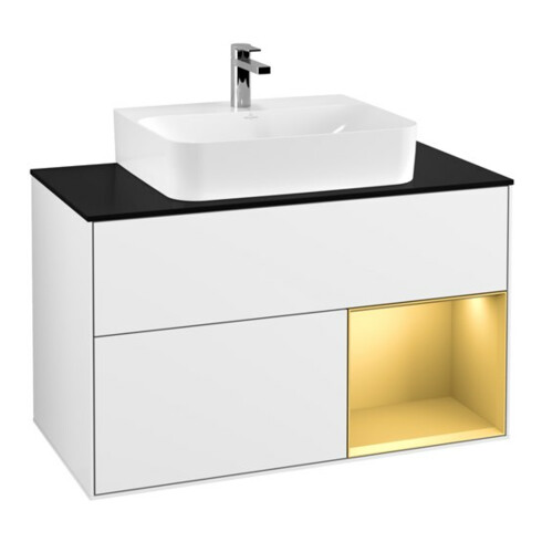 V&B Waschtischunterschrank Wandbeleuchtung Finion 100, Pl bla m, Reg re gol m, glo wh. Lac