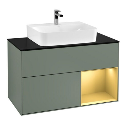 V&B Waschtischunterschrank Wandbeleuchtung Finion 100, Pl bla m, Reg re gol m, Oli. m Lac