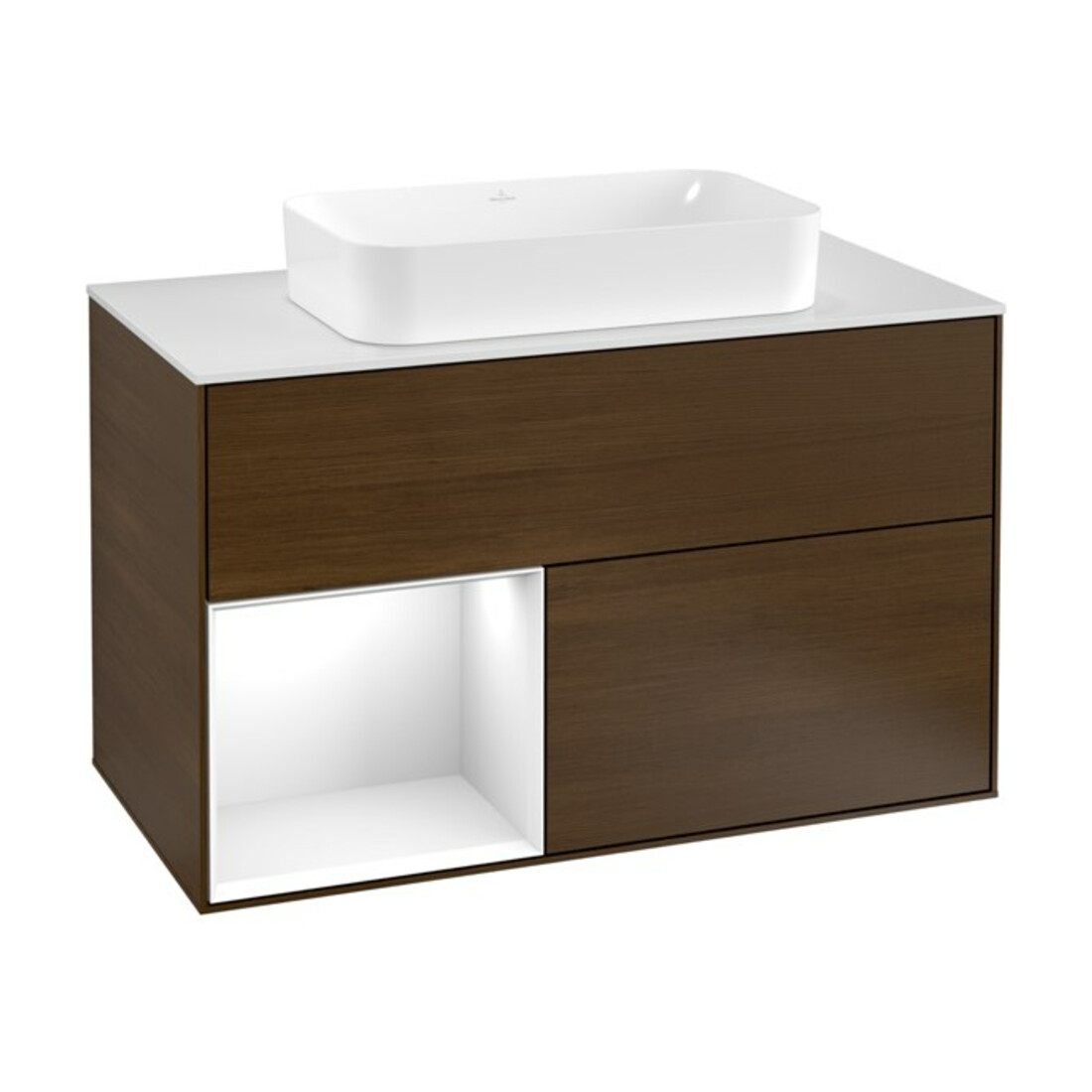 V&B Waschtischunterschrank Wandbeleuchtung Finion 100, Pl w m, Reg li glo wh. Lac, wal ven