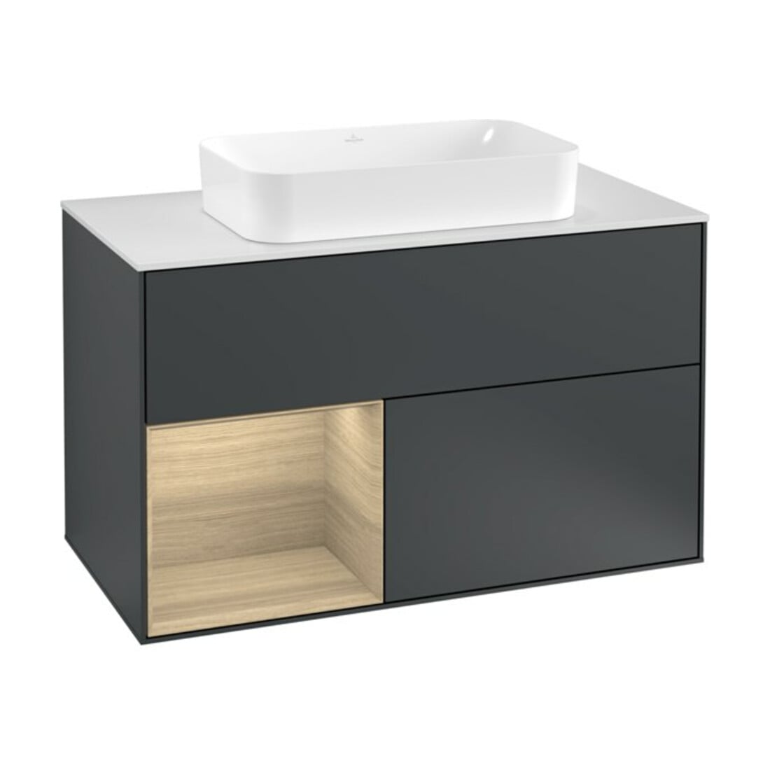 V&B Waschtischunterschrank Wandbeleuchtung Finion 100, Pl w m, Reg li Oa ven, md bl. m Lac