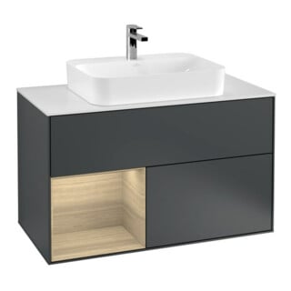 V&B Waschtischunterschrank Wandbeleuchtung Finion 100, Pl w m, Reg li Oa ven, md bl. m Lac