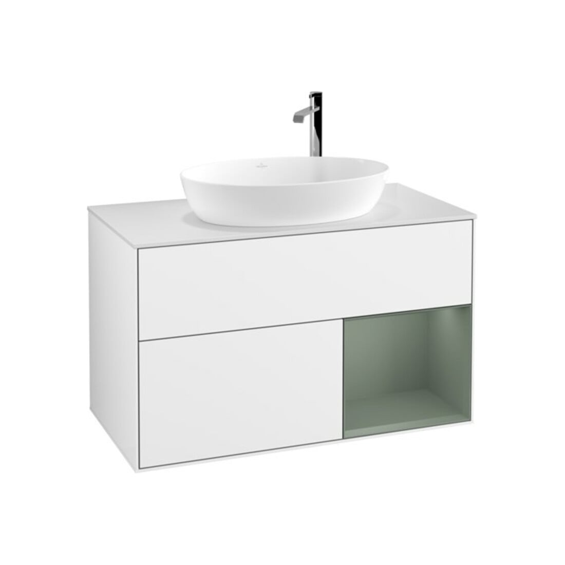 V&B Waschtischunterschrank Wandbeleuchtung Finion 100, Pl w m, Reg Oli. m Lac, glo wh. Lac