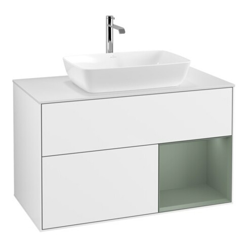 V&B Waschtischunterschrank Wandbeleuchtung Finion 100, Pl w m, Reg Oli. m Lac, glo wh. Lac