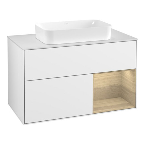V&B Waschtischunterschrank Wandbeleuchtung Finion 100, Pl w m, Reg re Oa ven, glo wh. Lac