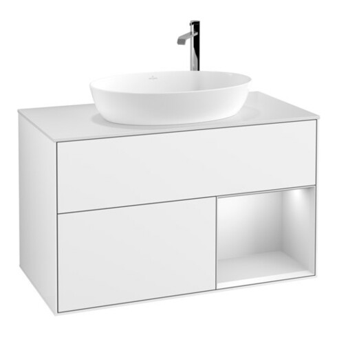 V&B Waschtischunterschrank Wandbeleuchtung Finion 100, Pl w m, Reg wh. m Lac, glo wh. Lac