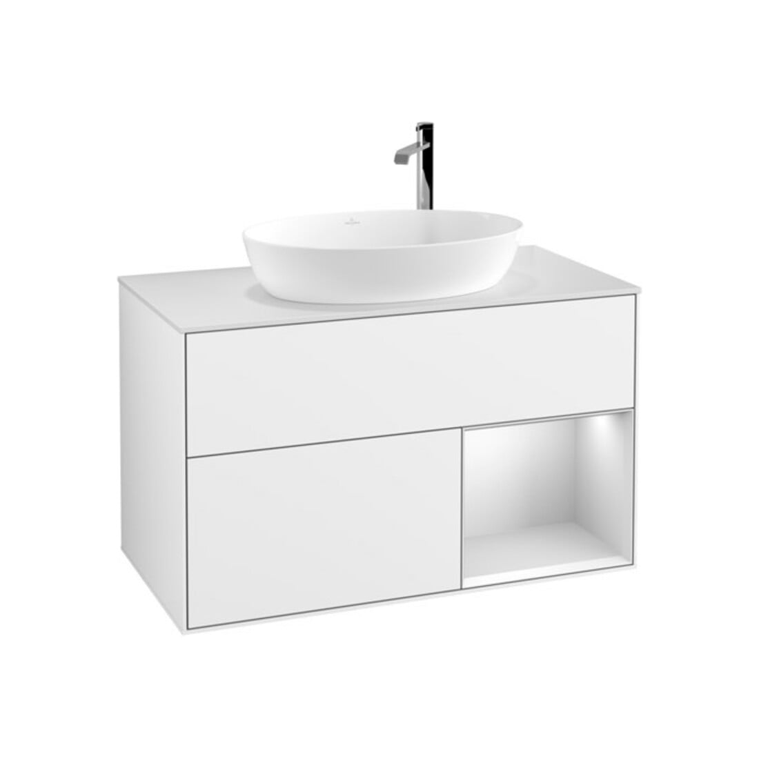 V&B Waschtischunterschrank Wandbeleuchtung Finion 100, Pl w m, Reg wh. m Lac, glo wh. Lac